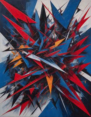 The primary subject of the image is a colorful, abstract artwork featuring a mix of red, blue, and yellow colors. The setting is a black and white background, which contrasts with the vibrant colors of the artwork. The visual style appears to be a combination of digital art and illustration, creating a unique and eye-catching piece. The dominant colors and overall atmosphere of the artwork are energetic, lively, and full of creativity.